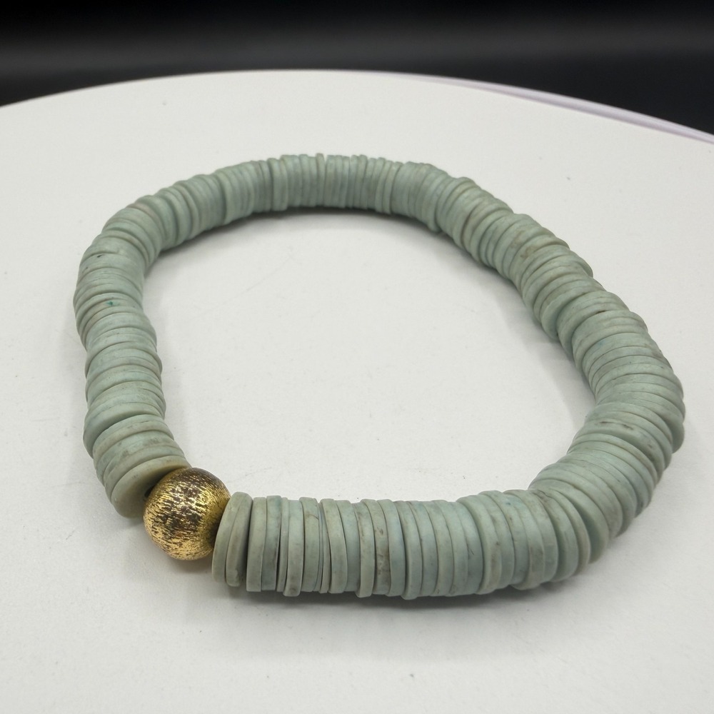 Seafoam Green Heishi Disc Bead Stretch Bracelet Gold Tone Boho Minimalist Gift